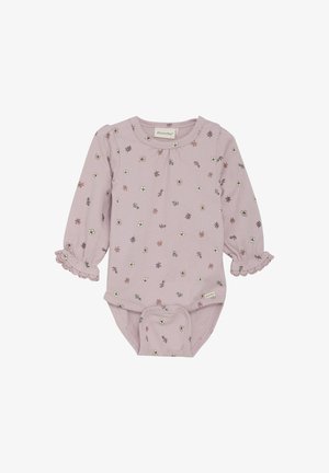 Long-sleeve baby bodysuit in light purple with floral embroidery, round neckline, and ruffled sleeve hems. Soft, textured fabric.