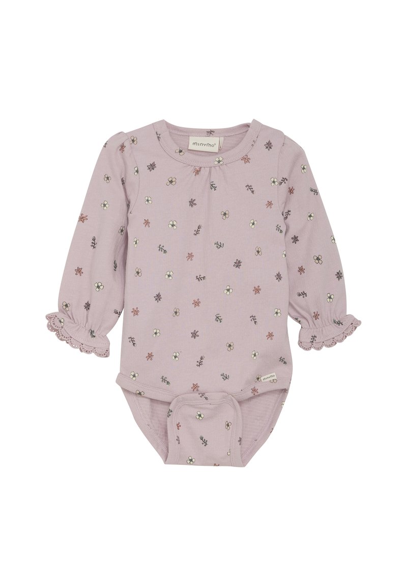 Grenouillère à manches longues pour bébé en lilas clair avec broderie florale, col rond et bords de manches à volants. Tissu doux et texturé.