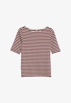T-shirt à manches courtes avec col bateau et rayures horizontales bordeaux et blanches, en tissu doux, posé à plat sur fond blanc.