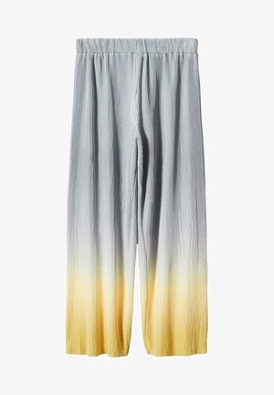 Pantalones anchos de pierna en gris claro con un degradado en amarillo en la parte inferior y una cintura elástica, hechos de tela plisada.
