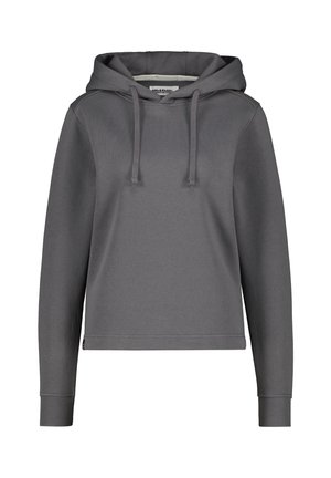 Felpa grigia scura con vestibilità rilassata, caratterizzata da una tasca a marsupio, cordini regolabili, polsini a coste e una texture morbida.