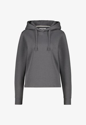 Dunkelgrauer Hoodie mit lässiger Passform, ausgestattet mit einer Kängurutasche, verstellbaren Kordeln, gerippten Bündchen und weichem Material.
