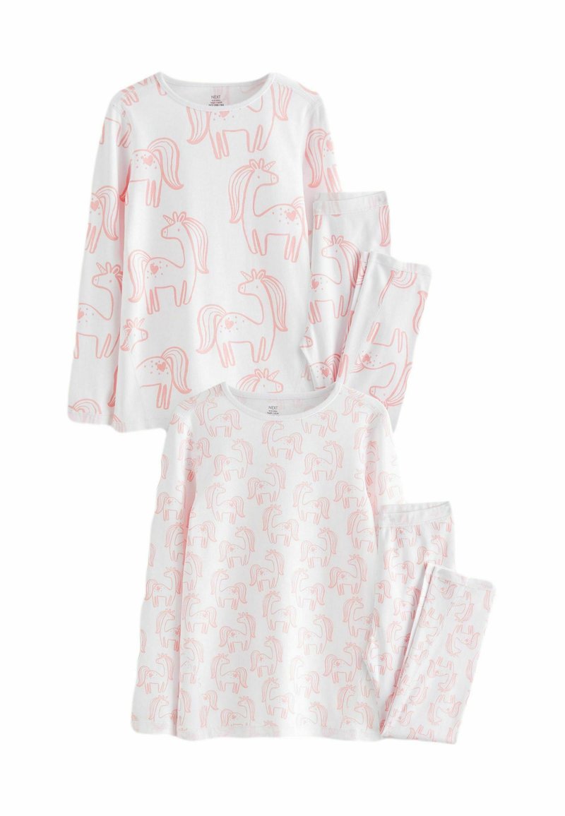 Ensemble de pyjama rose et blanc comprenant un haut à manches longues et un pantalon, tous deux ornés d'un motif de licorne répété. Fabriqué en tissu doux avec une texture lisse.