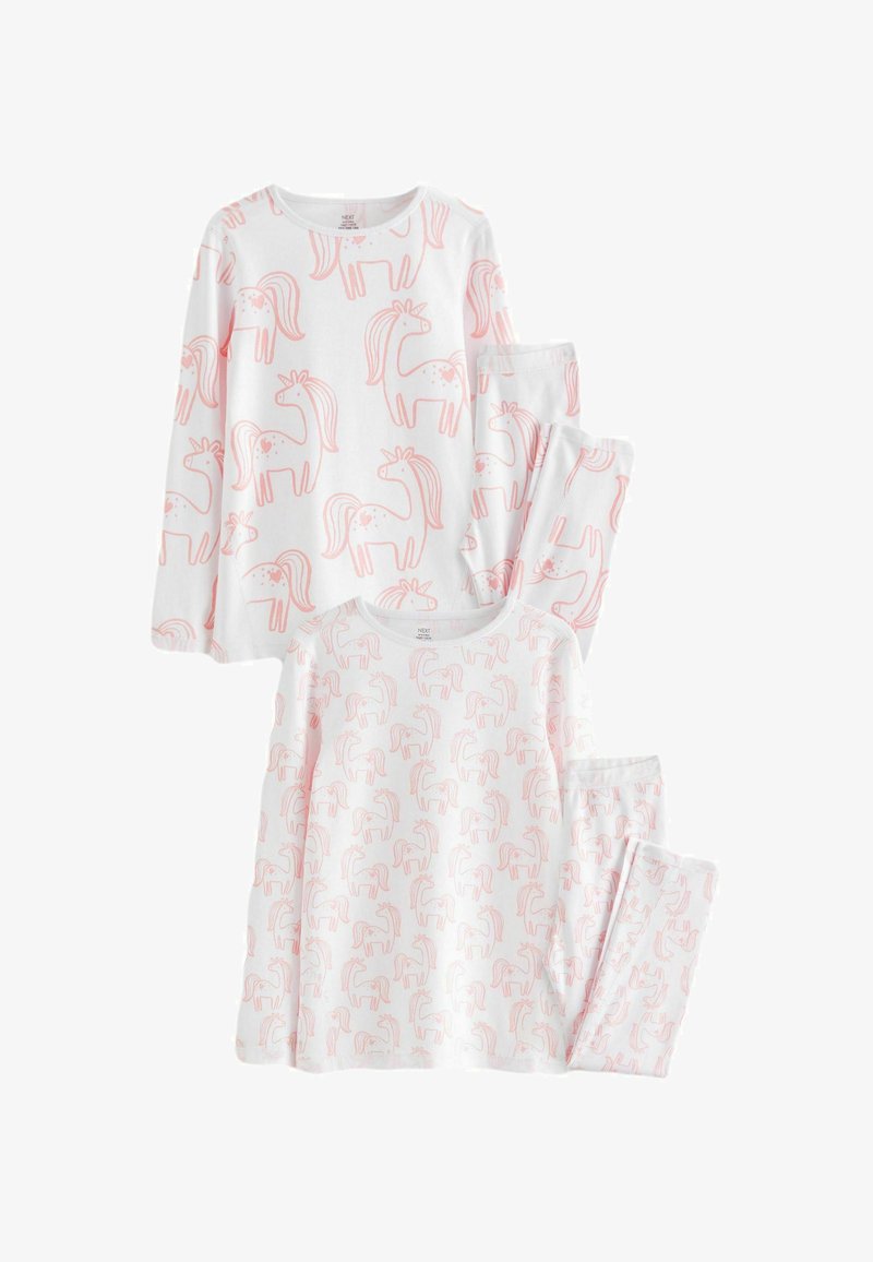 Set di pigiama rosa e bianco composto da una maglietta a maniche lunghe e pantaloni, entrambi con un motivo a unicorni ripetuto. Realizzato in un tessuto morbido con una superficie liscia.