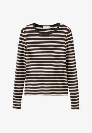 Maglia nera a maniche lunghe con strisce orizzontali bianche e scollo rotondo, distesa su uno sfondo bianco.