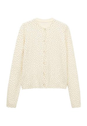 Cremefarbener Cardigan mit langen Ärmeln, rundem Ausschnitt und schwarzen Punkten. Mit einer Knopfleiste vorne und geripptem Saum. Weicher Stoff.