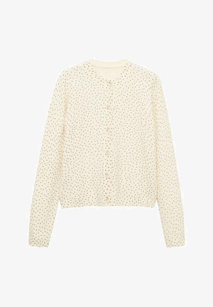 Cremefarbener Cardigan mit langen Ärmeln, rundem Ausschnitt und schwarzen Punkten. Mit einer Knopfleiste vorne und geripptem Saum. Weicher Stoff.