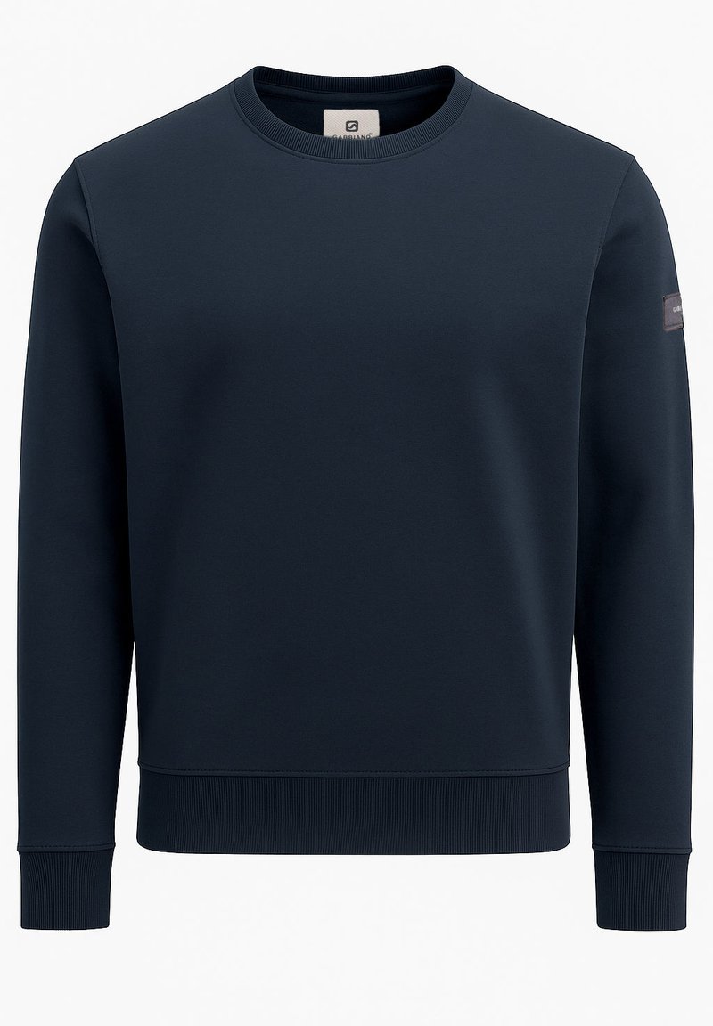 Marineblauwe sweatshirt met lange mouwen, geribbelde halslijn en manchetten, een gladde textuur en een klein merkpatch op de linkermouw.