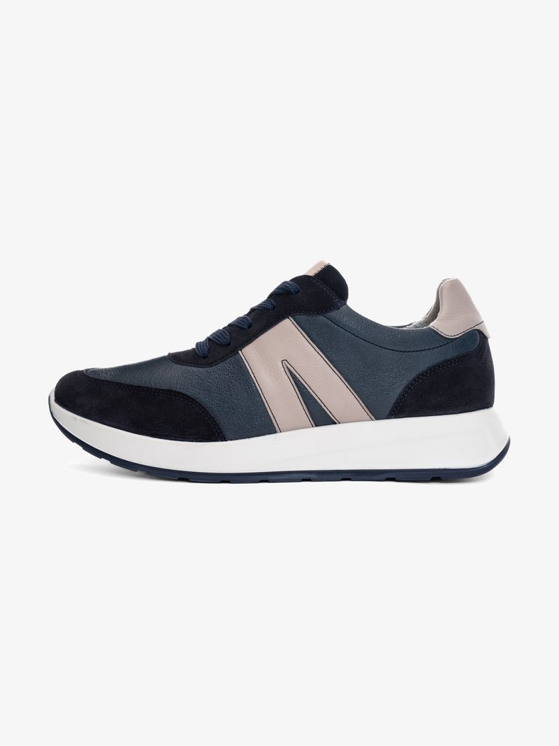 Navy and beige leather sneaker with lace-up front, white thick sole, and suede toe and heel accents, shown in side view.