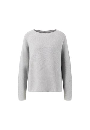 Lys grå langermet genser med rund hals, myk tekstur og avslappet passform, med ribbestrikkede mansjetter og kant.
