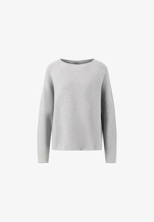 Pull à manches longues gris clair avec un col rond, texture douce et coupe décontractée, présentant des poignets et un ourlet côtelés.