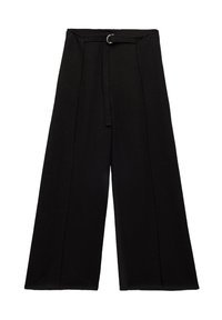 Zwarte wijde broek met hoge taille, plooien aan de voorkant en een riem met een ronde metalen gesp. Gemaakt van een gladde, elastische stof.