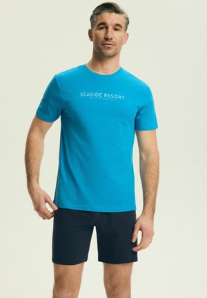 Mann trägt hellblaues "Seaside Resort" T-Shirt und dunkelblaue Shorts, steht vor einfarbig hellem Hintergrund.