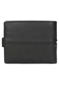 Portafoglio in pelle nera con finitura liscia, caratterizzato da un design orizzontale e una fascia elastica per la chiusura. Dimensioni compatte con bordi eleganti.