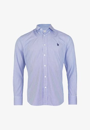 Chemise habillée pour homme bleu clair avec de fines rayures verticales, col boutonné, manches longues et petit logo brodé sur la poitrine gauche.