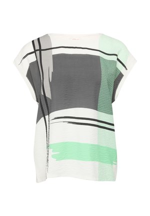 Korte mouwtop van lichtgewicht stof, met een mix van grijze, witte en mintgroene abstracte patronen, met textuurdetails.