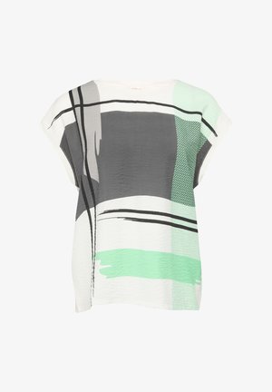 Korte mouwtop van lichtgewicht stof, met een mix van grijze, witte en mintgroene abstracte patronen, met textuurdetails.