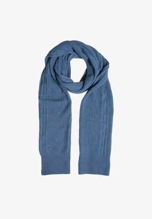 Sciarpa azzurra lavorata a maglia con una trama a coste e sottili dettagli a trecce lungo i bordi, progettata per offrire calore e comfort.