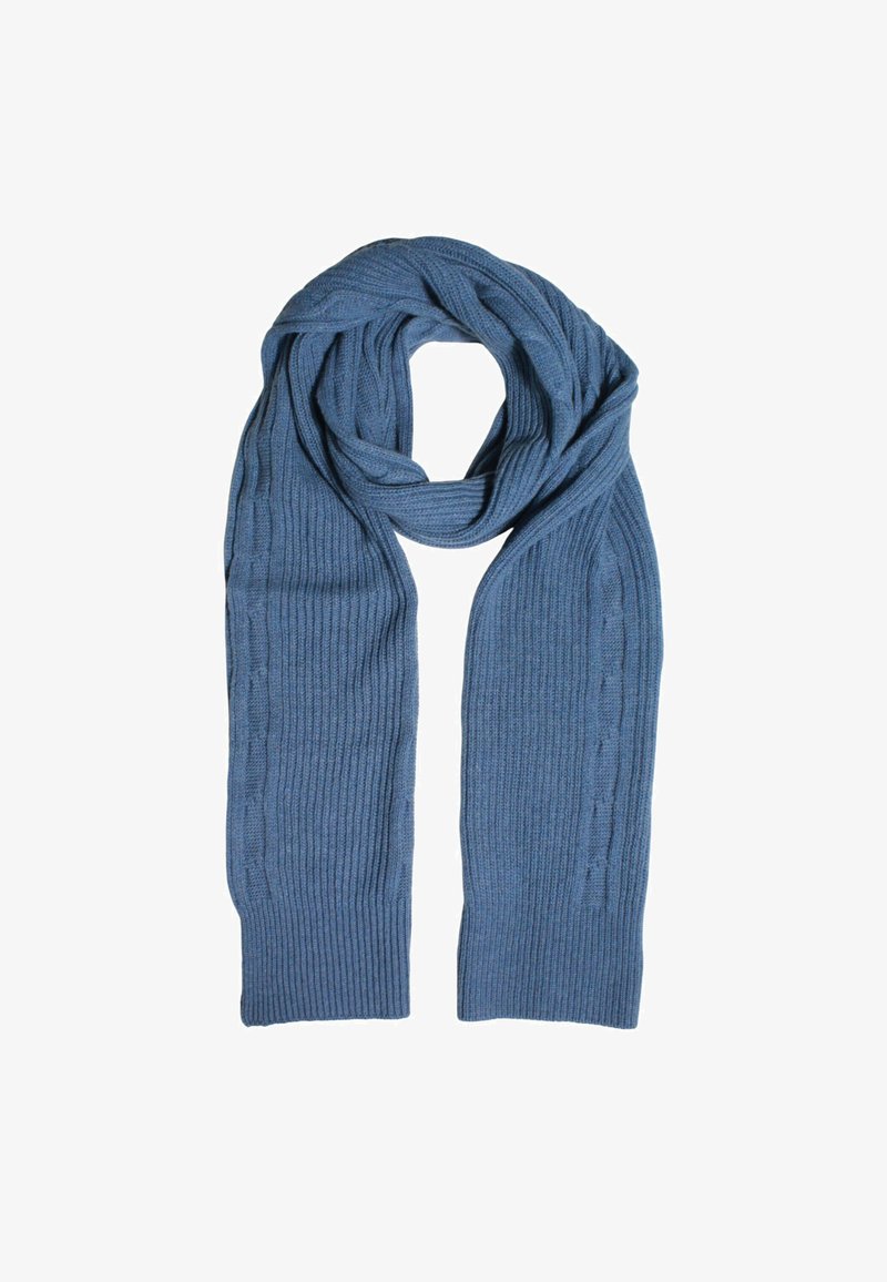 Sciarpa azzurra lavorata a maglia con una trama a coste e sottili dettagli a trecce lungo i bordi, progettata per offrire calore e comfort.