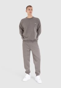 Grijze sweatshirt met een ronde hals en geribbelde manchetten, gecombineerd met bijpassende grijze trainingsbroek. Draag het met witte sneakers, minimale branding zichtbaar.