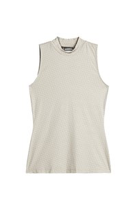 Top senza maniche in beige chiaro con un motivo geometrico testurizzato. Presenta un collo alto e una silhouette aderente. Tessuto morbido.