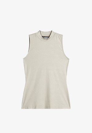 Hihaton toppi vaaleassa beessissä, jossa on teksturoitu geometrinen kuvio. Ominaisuuksiin kuuluu korkea kaula-aukko ja tiukka siluetti. Pehmeä kangas.