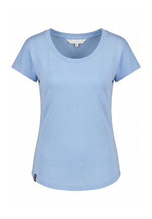 T-shirt pour femmes à manches courtes de couleur bleu clair avec col rond, petite étiquette noire en bas à gauche, présenté sur fond blanc.