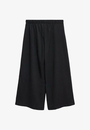 Czarne, szerokie, krótkie spodnie z elastycznym pasem, wykonane z lekkiego materiału.