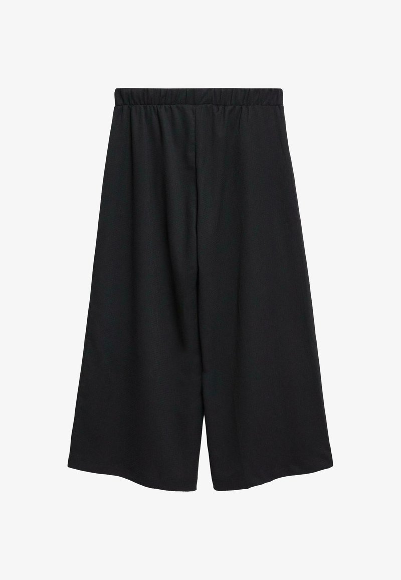 Pantalon court noir à jambes larges avec taille élastique, en tissu léger.