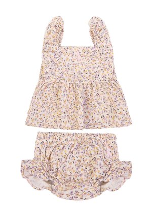 Completo baby senza maniche con spalline arricciate e bloomers abbinati, con motivo floreale viola, giallo e rosa su tessuto chiaro.