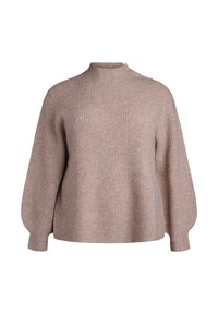 Beige gerippter Pullover mit hohem Kragen und Ballonärmeln, versehen mit einem einzigartigen Knopfdetail an der Schulter aus weichem Strickstoff.