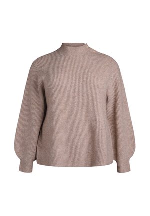 Beige vroubkovaný svetr s vysokým límcem a balónovými rukávy, který se pyšní unikátním knoflíkovým detailem na rameni vyrobeným z měkké pleteniny.