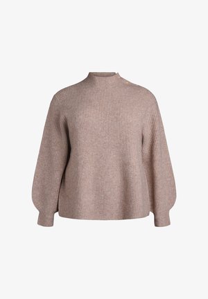 Beige gerippter Pullover mit hohem Kragen und Ballonärmeln, versehen mit einem einzigartigen Knopfdetail an der Schulter aus weichem Strickstoff.