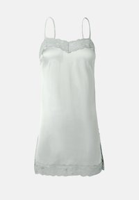 Abito slip in satin grigio chiaro con pizzo lungo il colletto e l'orlo, dotato di spalline regolabili e spacco laterale.