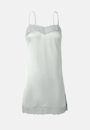 Lichtgrijze satijnen slipdress met kantafwerking op de halslijn en zoom, voorzien van verstelbare spaghetti-bandjes en een zijsplit.