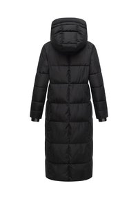 Manteau d'hiver long noir rembourré avec capuche et manches longues, vu de dos sur fond blanc.