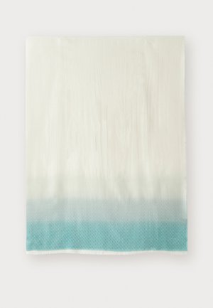 Silk scarf featuring a smooth, cream top fading to a textured teal gradient at the bottom, with a subtle diagonal striped pattern.