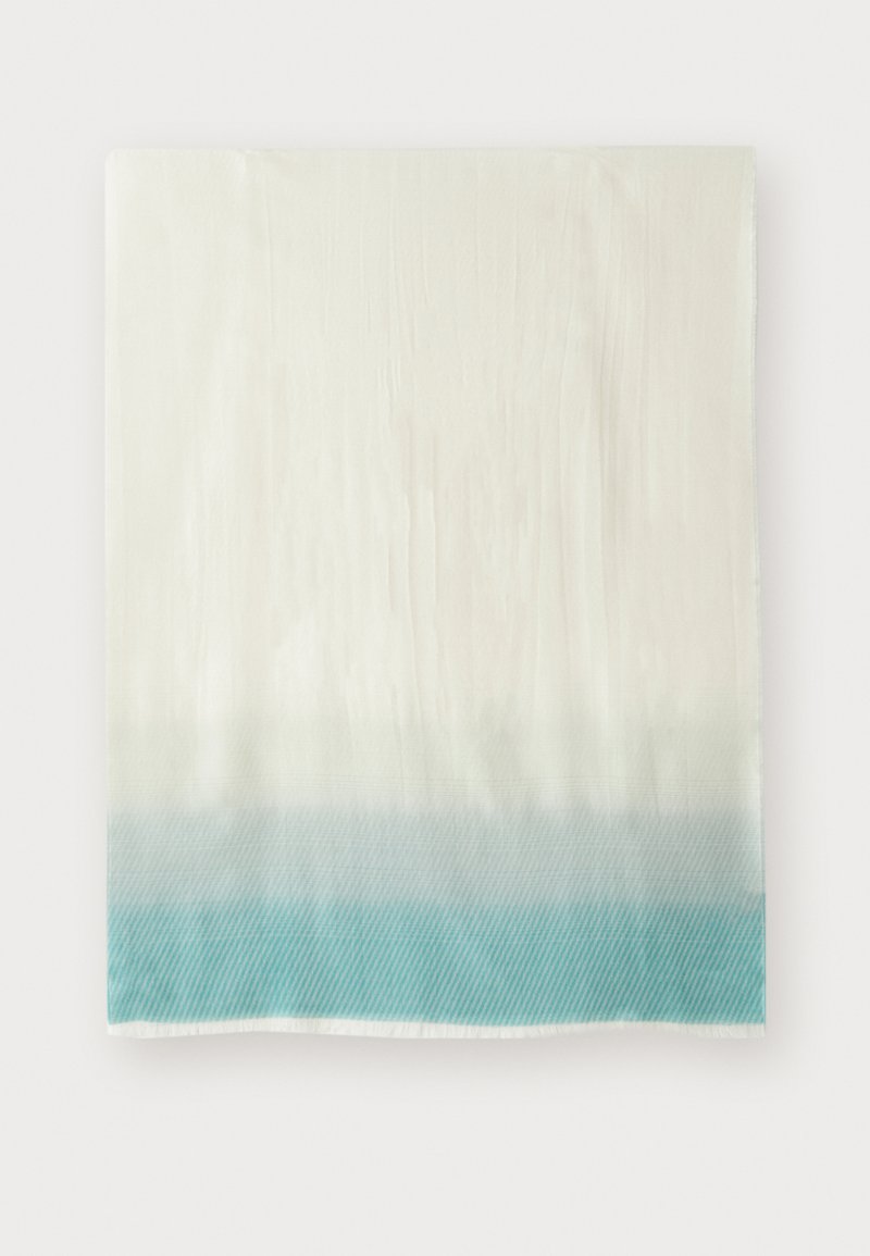 Foulard in seta caratterizzato da una superficie liscia color crema che sfuma in un gradiente teal testurizzato nella parte inferiore, con un delicato motivo a strisce diagonali.