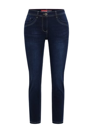 Jeans blu scuro con una vestibilità slim, realizzati in denim, dotati di tasche frontali, chiusura con bottone e dettagli di cucitura bianca a contrasto.