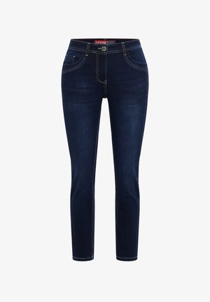 Donkerblauwe jeans met een slanke pasvorm, gemaakt van denim, met voorzakken, een knoopsluiting en contrasterende witte stikseldetails.