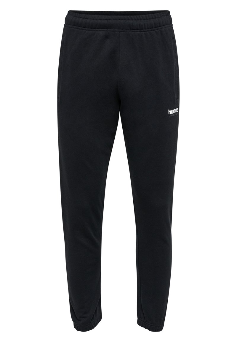 Schwarze Sweatpants mit elastischem Bund, seitlichen Taschen und einem weißen Logo auf dem linken Oberschenkel. Angenehme Textur mit schmal zulaufender Passform.