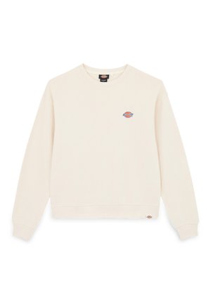 Sudadera de color crema con cuello redondo, puños y dobladillo acanalados, que presenta un pequeño logo colorido en el pecho. Material suave de algodón.