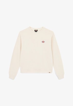 Kreemi värvi sviiter, ümara kaelusega, ribatud mansettide ja äärisega, millel on rindkeres väike, värviline logo. Pehme, puuvillane materjal.