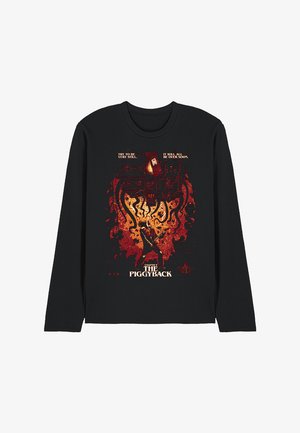 Schwarzes Langarm-T-Shirt mit einem Grafikdruck, der rote und orangefarbene Flammen, Text und eine zentrale Figur zeigt. Aus weichem Baumwollmaterial, normale Passform.