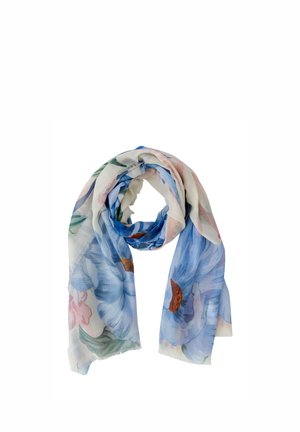 Leichter, transparenter Schal mit großen blauen und rosa Blumenmustern, locker gefaltet auf weißem Hintergrund.