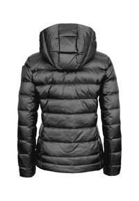 Schwarze, wattierte Jacke mit Kapuze, mit gesteppter Optik, glatter Textur und taillierter Silhouette. Verfügt über einen Reißverschluss.