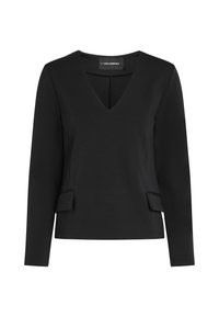 Fekete, hosszú ujjú V-nyakú blúz, testhez simuló fazonnal és két kis hajtókával a deréknál, Karl Lagerfeld felirattal.