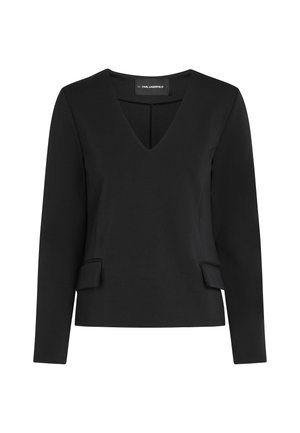 Must have mustamustik V-kaelusega topp, millel on kitsas siluett ja kaks väikest klapiga detaili vööl, millel on silt Karl Lagerfeld.