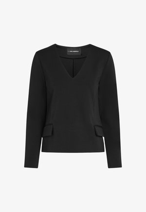 Must have mustamustik V-kaelusega topp, millel on kitsas siluett ja kaks väikest klapiga detaili vööl, millel on silt Karl Lagerfeld.