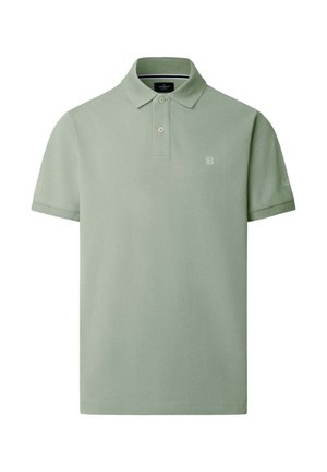 Jasnozielona koszulka polo z krótkim rękawem, dwoma guzikami, małym haftowanym logo na piersi i klasycznym kołnierzykiem.